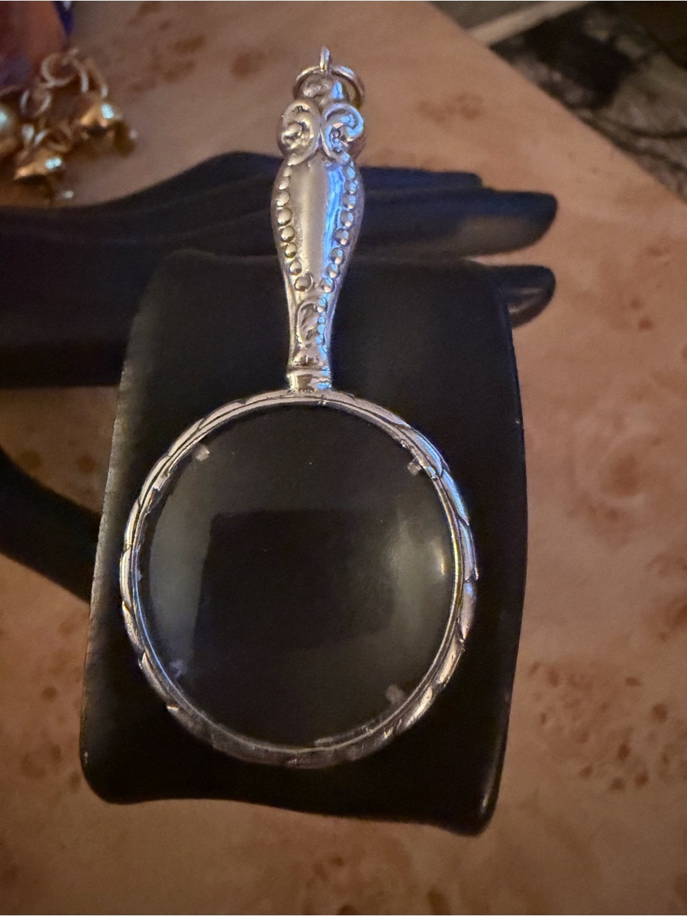 Vintage Magnifying Glass Pendant 3”x 1”Necklace with a Silver and Black Cord